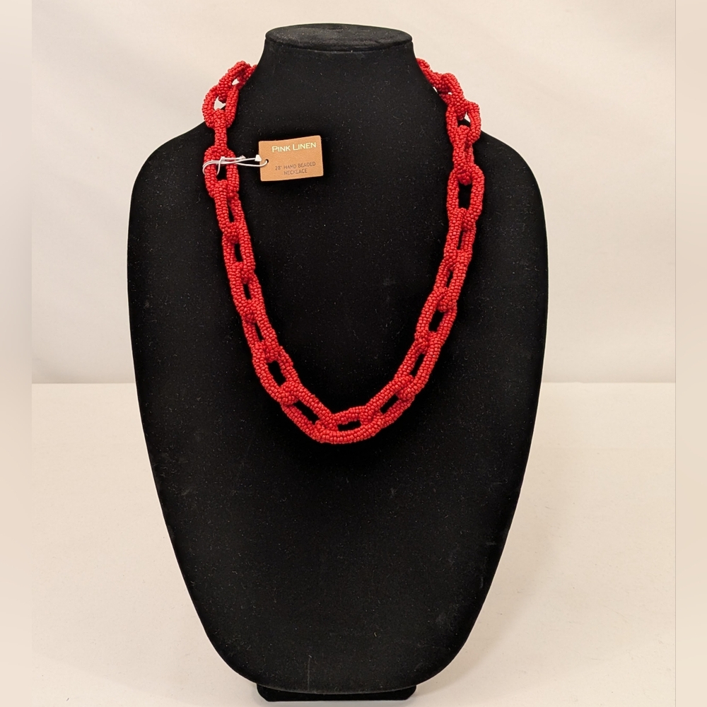 Pink Linen Hand Beaded Chain Link Necklace NWT